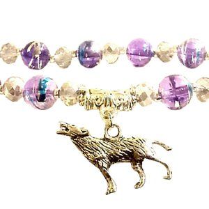 Crystal and Glass Wolf Charm Beaded Bracelet